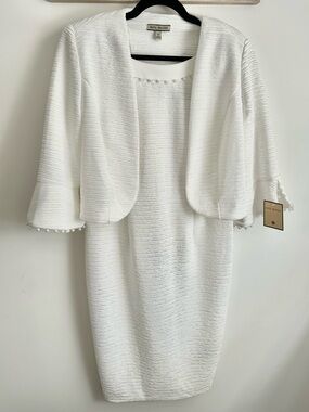 NWT Maya Brooke White Textured Dress & Cropped Jacket Set